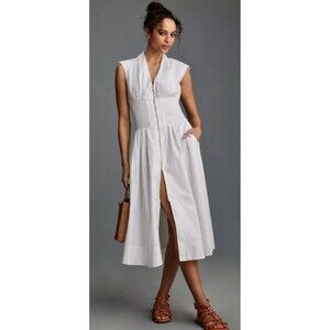 Anthropologie The Tommie Cap Sleeved Smocked Front-Zip Shirt Dress White Medium